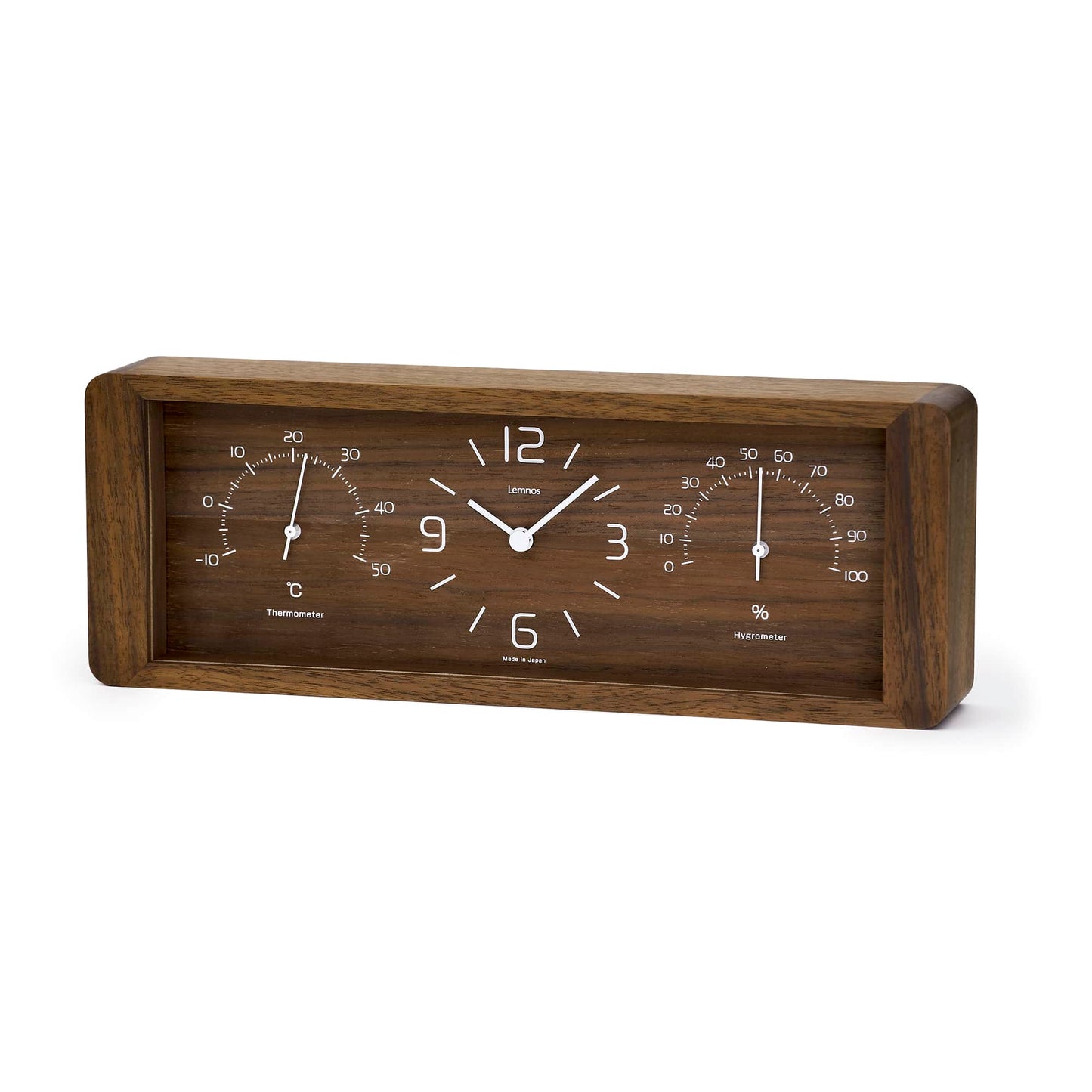 Lemnos Yokan Tischuhr aus Nussbaumholz mit Thermometer- und Hygrometer-Ziffern