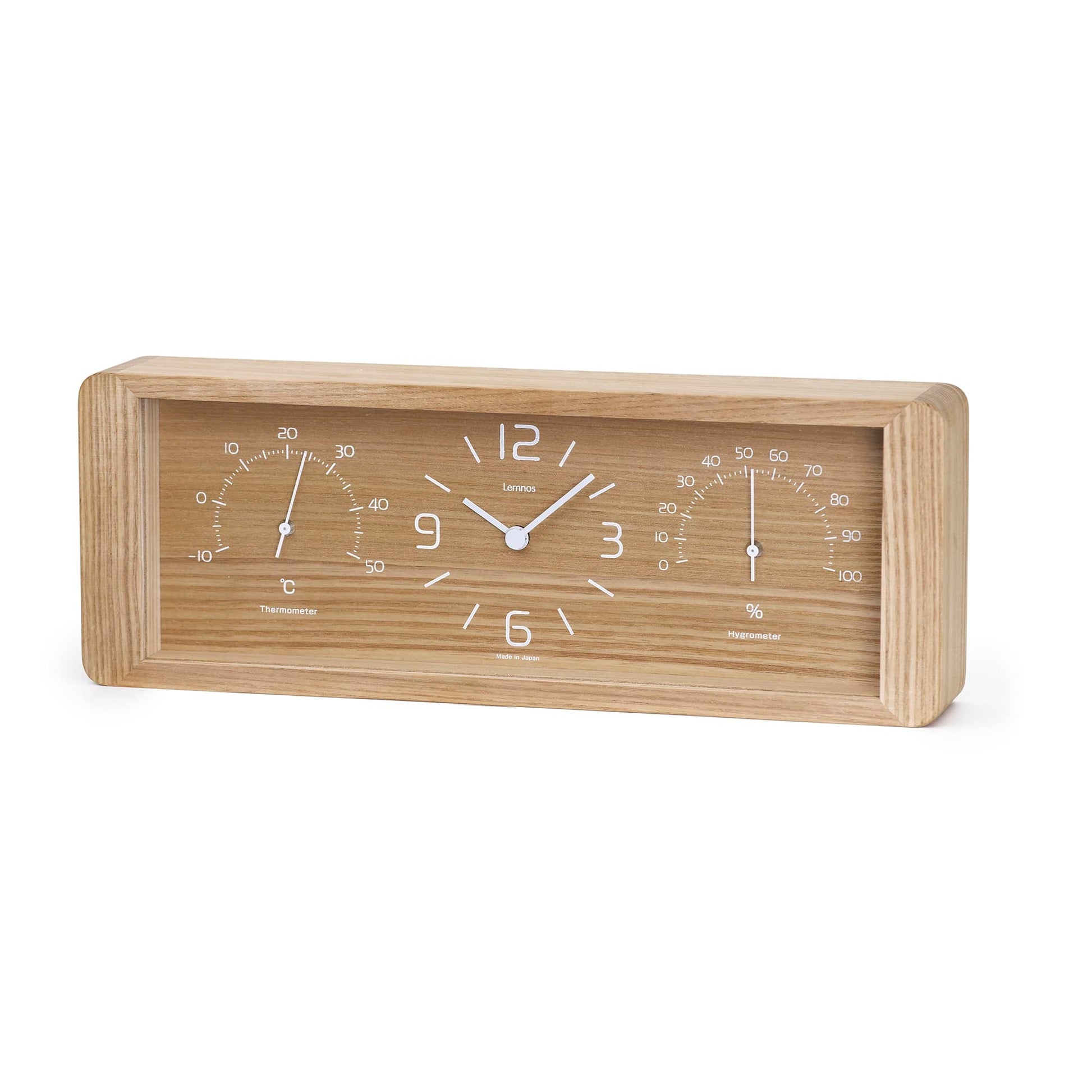 Tischuhr aus hellem Holz mit Ziffernblatt, Thermometer- und Hygrometeranzeigen