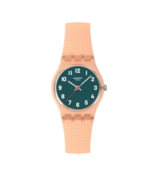 Swatch Originals Small LO117 Damenuhr Pfirsich • Gewebtes Armband • Leichtes Kunststoffgehäuse