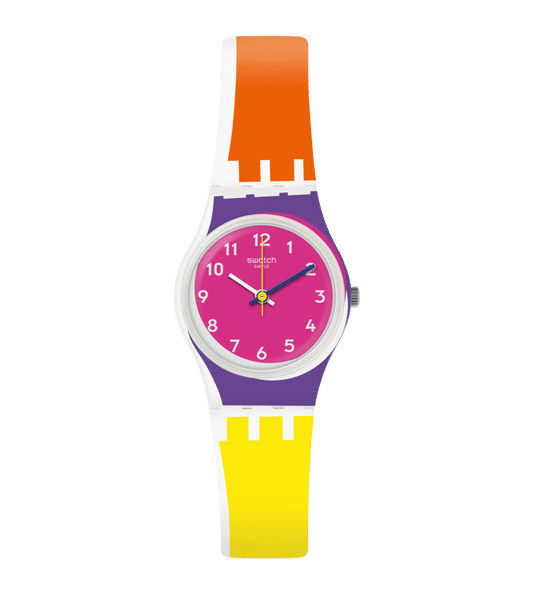 Swatch Originals Small LW165 Sun Through Damenuhr Rosa • Peppy-Farbdesign • Versetztes Zifferblatt