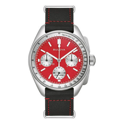 Bulova herrklocka med svart läderarmband, röd urtavla och kronograf