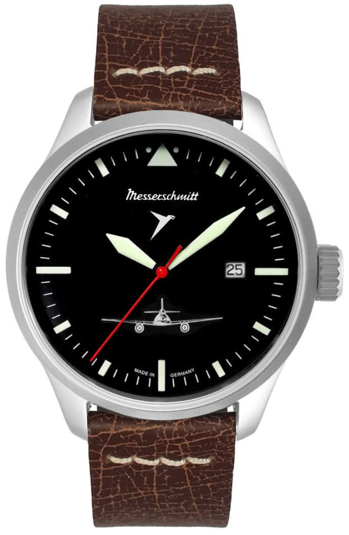 Herrklocka från Messerschmitt med svart urtavla och brunt läderarmband