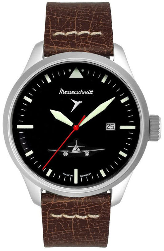 Herrklocka från Messerschmitt med svart urtavla och brunt läderarmband