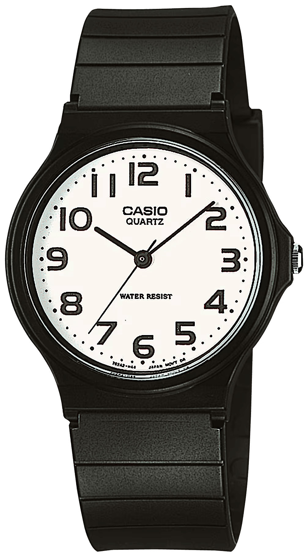Svart armbandsur med rund urtavla, siffror, visare och CASIO QUARTZ