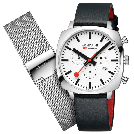 Mondaine Grand Cushion MSL.41410.LBV.SET Herrenuhr Schwarz • Saphirglas • Quarz-Chronograph
