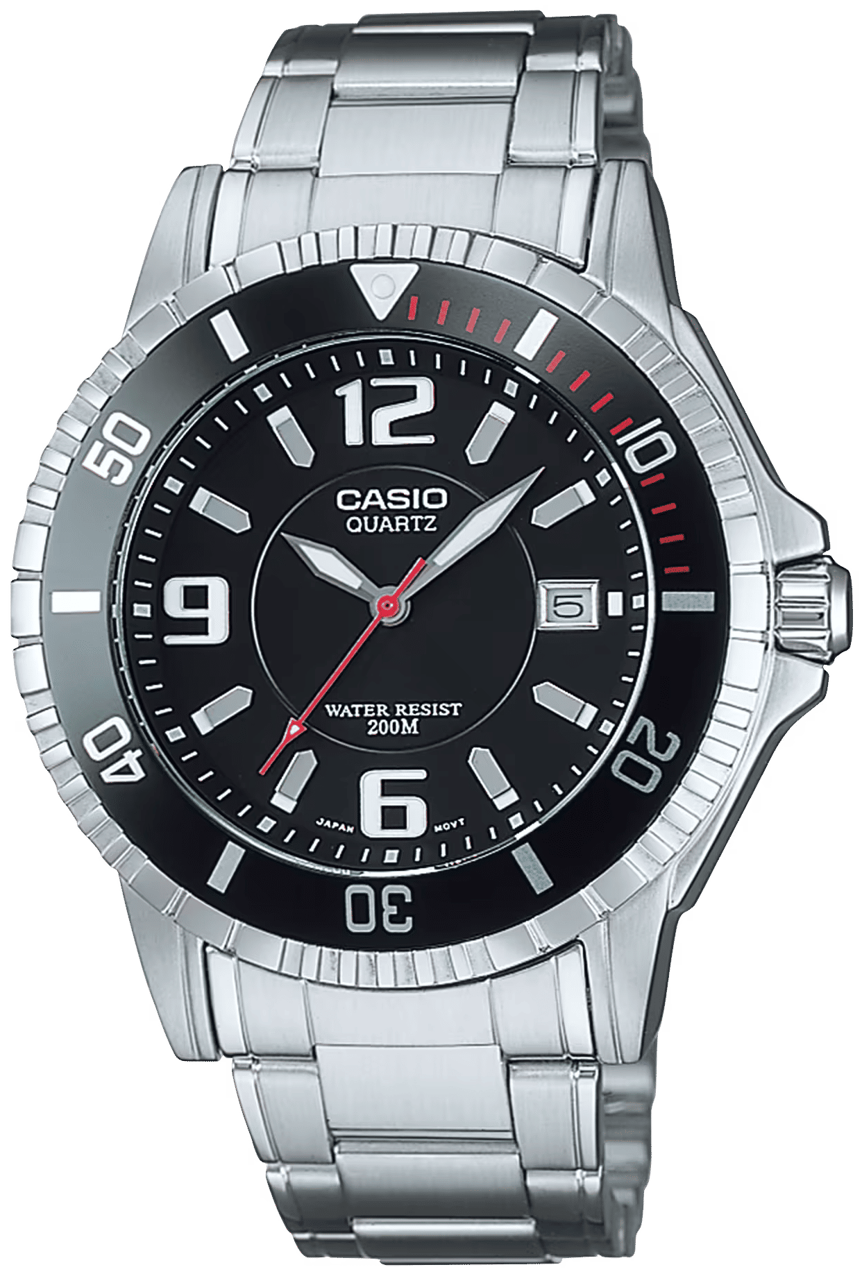 Casio herrklocka med svart urtavla, silverfärgad metallänk, infattning och röda accenter