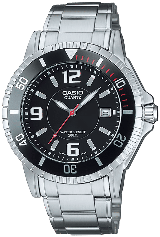 Casio herrklocka med svart urtavla, silverfärgad metallänk, infattning och röda accenter