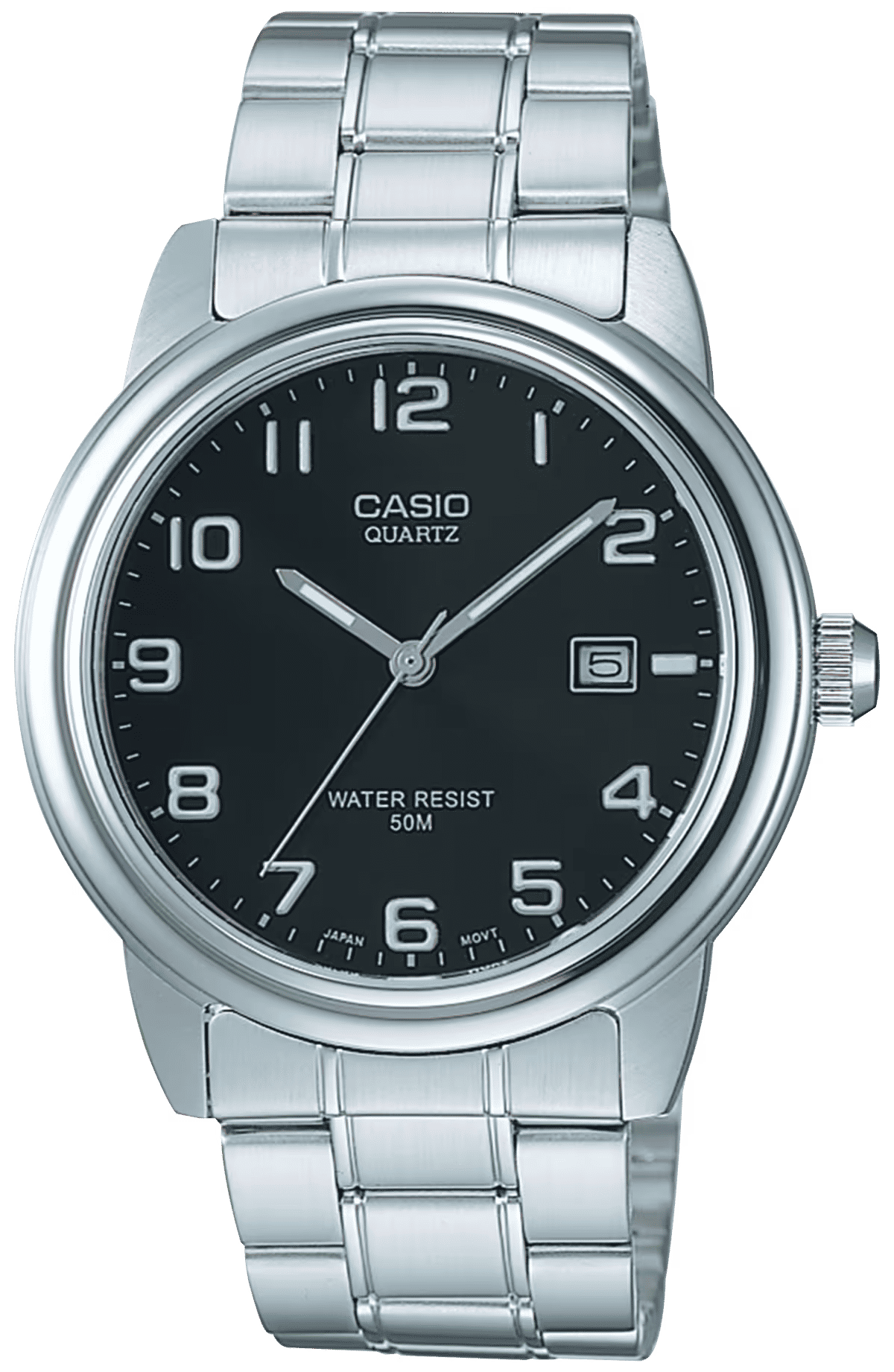 Casio herrur med svart urtavla, datumfönster och armband i rostfritt stål