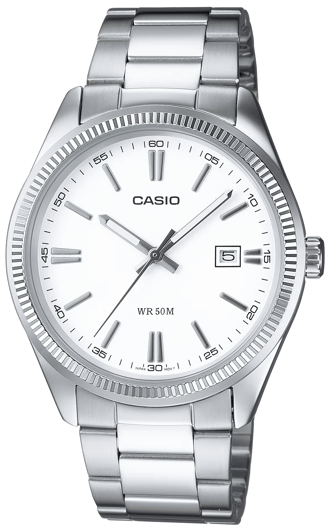 Casio herrur med silverfärgat metallarmband, vit urtavla, datumvisning