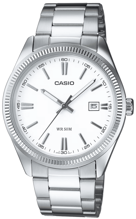 Casio herrur med silverfärgat metallarmband, vit urtavla, datumvisning