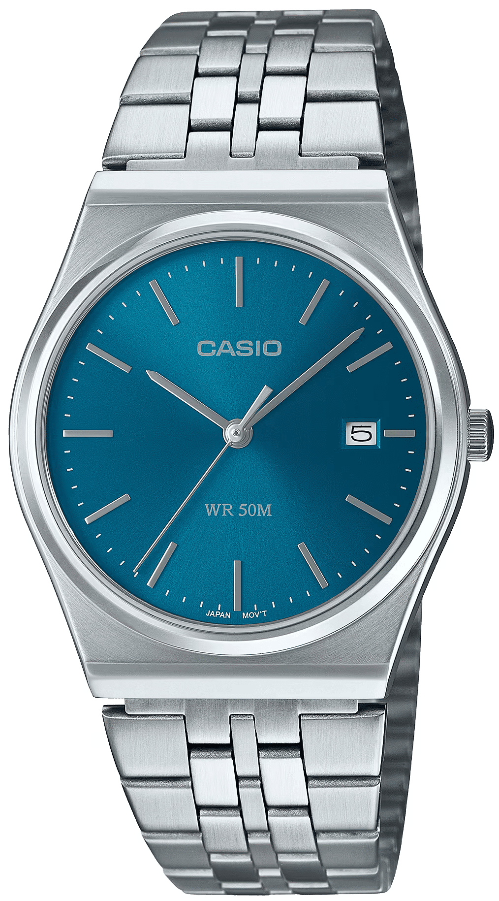 CASIO herrarmbandsur med blå urtavla, datumvisning vid 5, armband i rostfritt stål