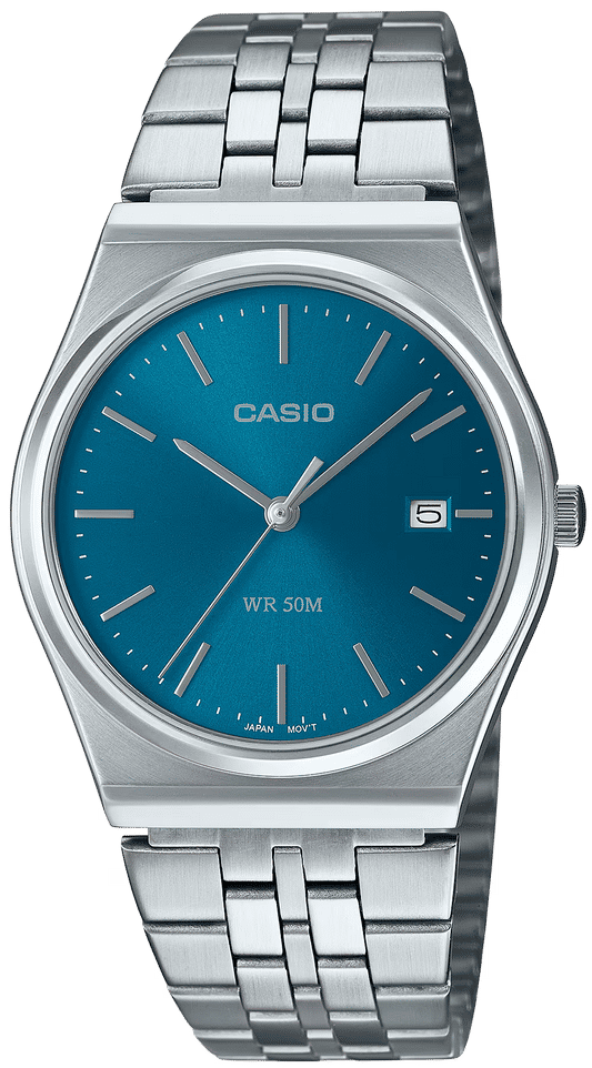 CASIO herrarmbandsur med blå urtavla, datumvisning vid 5, armband i rostfritt stål