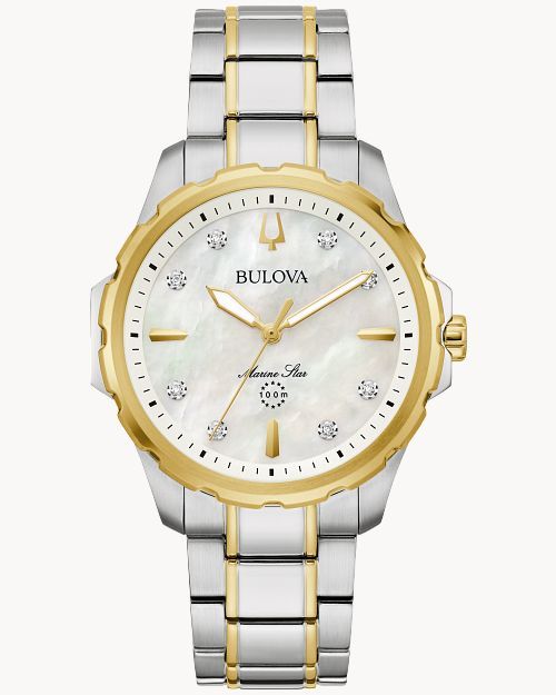 Bulova Damenuhr Marine Star mit weißem Zifferblatt, gold-silbernem Metallband und Diamanten