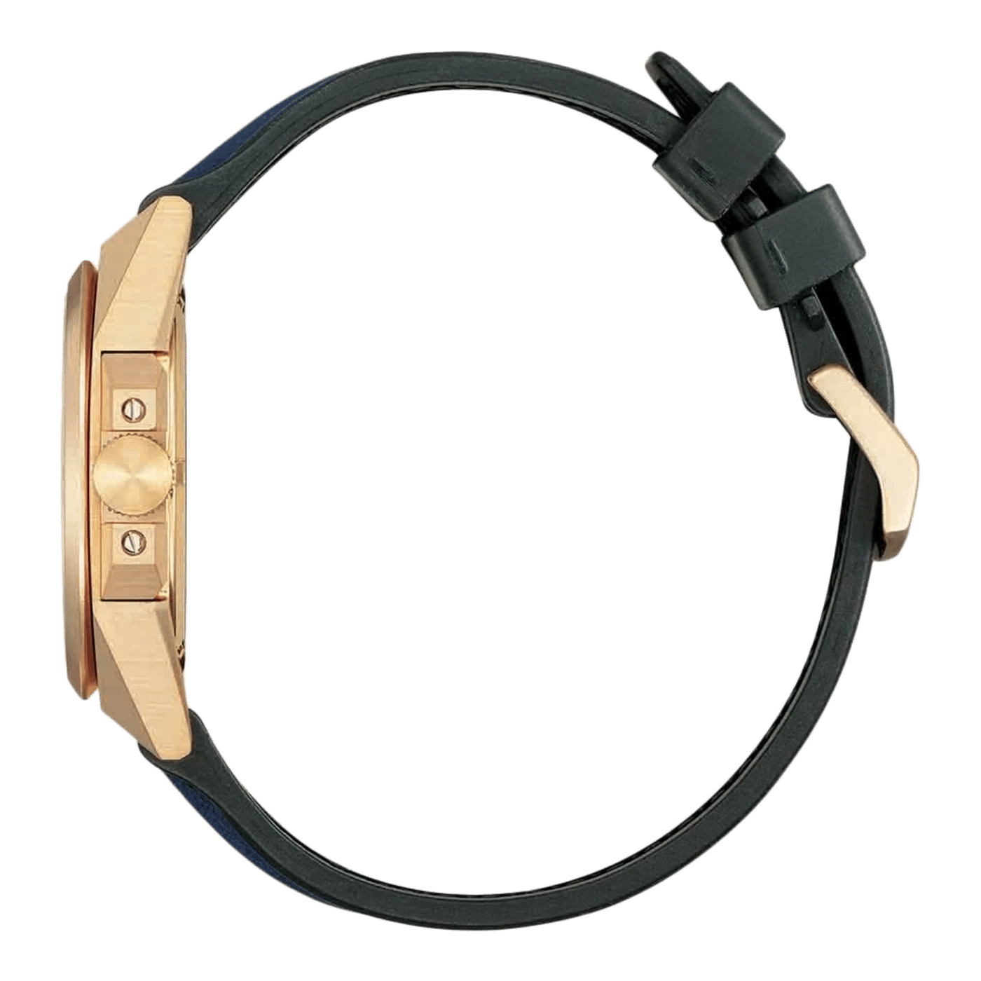 Herrarmbandsur, guldfärgat boett och blått läderarmband med stiftspänne