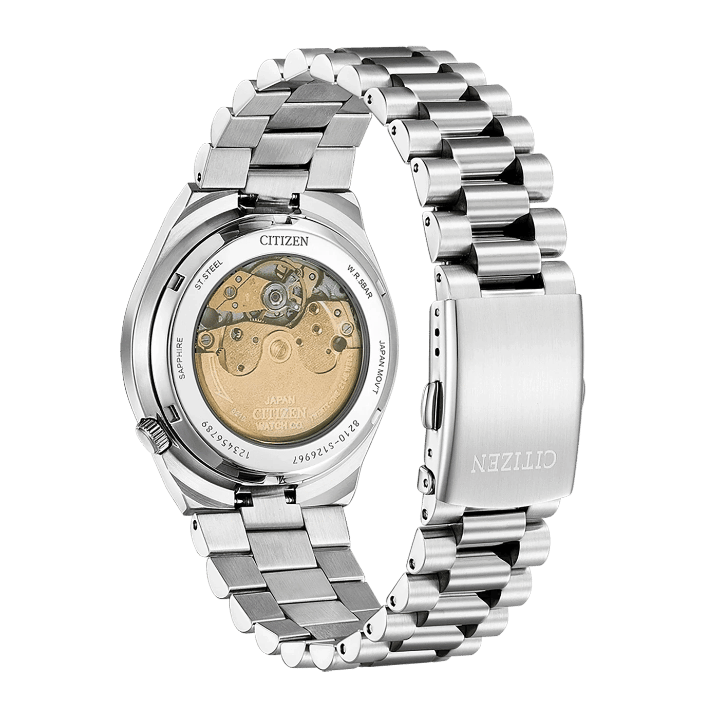 Automatisk klocka med genomskinligt baksidskydd och silverfärgat metallarmband