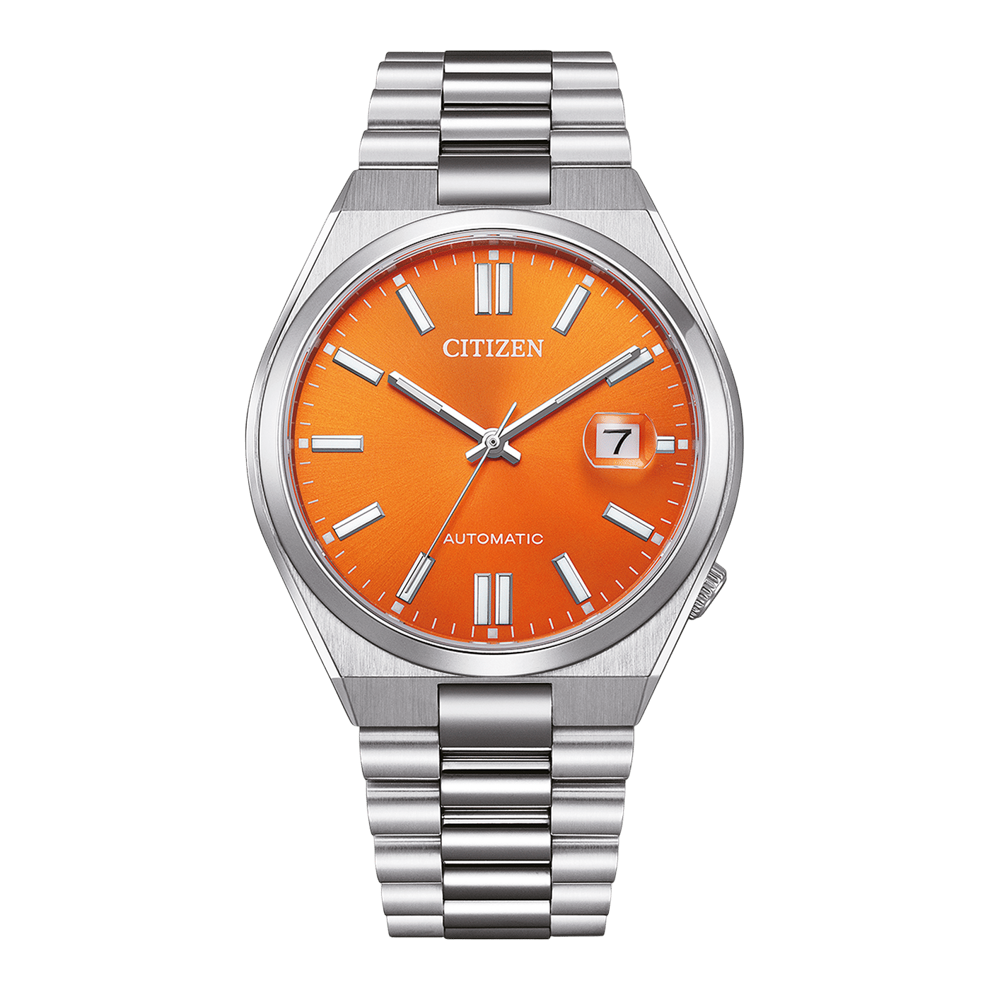 Herrenarmbanduhr mit orangefarbenem Zifferblatt, Edelstahlarmband und Saphirglas
