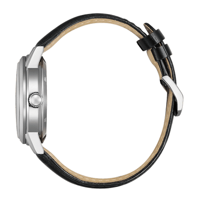 Herrklocka, sidovy: silverfärgad boett och svart läderarmband