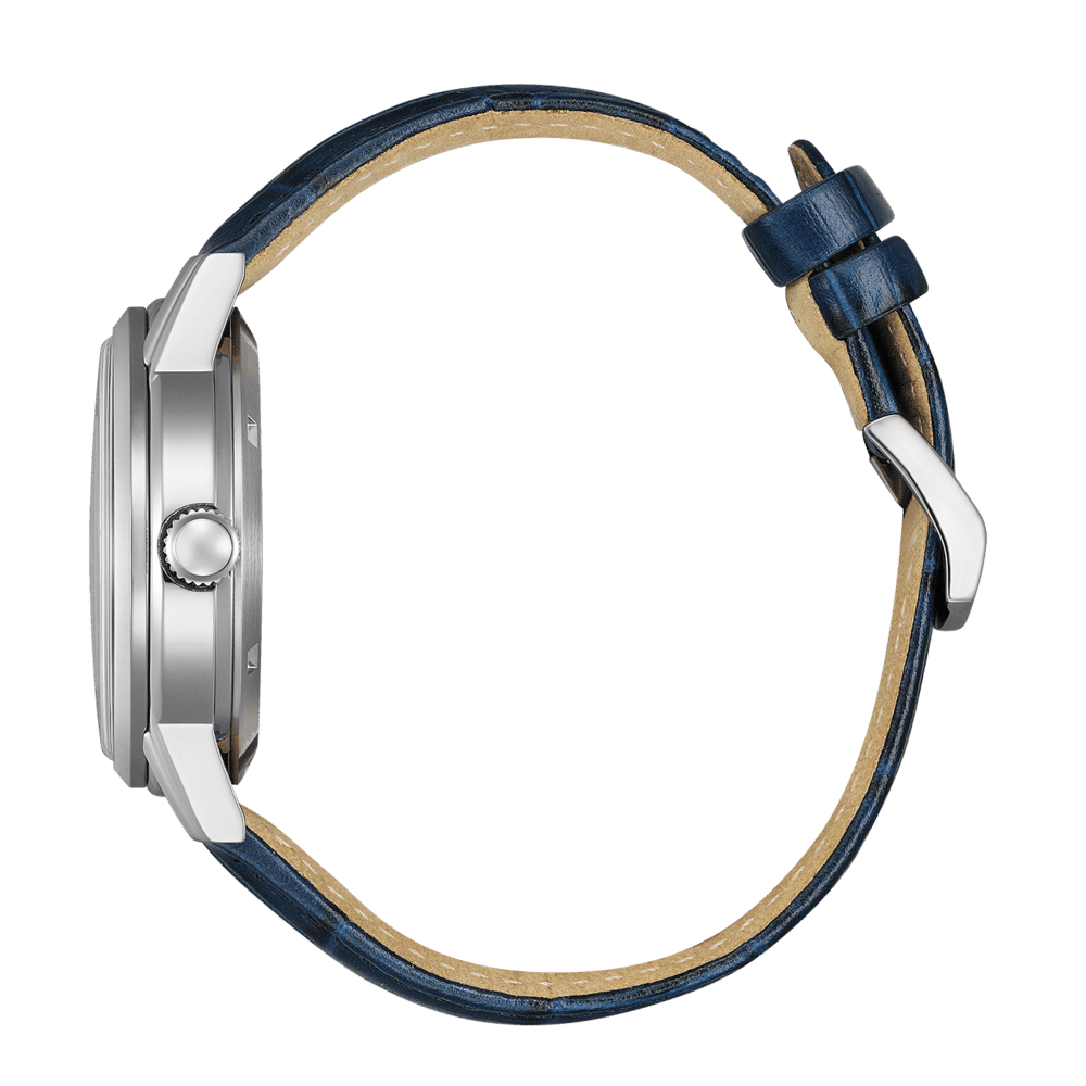 Herrklocka sidovy: silverfärgat rostfritt stålhölje, blått läderarmband med stiftspänne