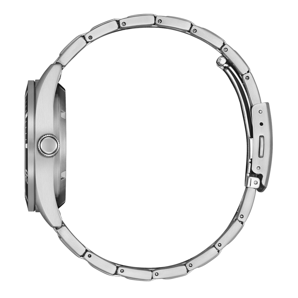 Automatisk klocka från sidan: silverfärgat rostfritt stålhölje med armbandslänkar
