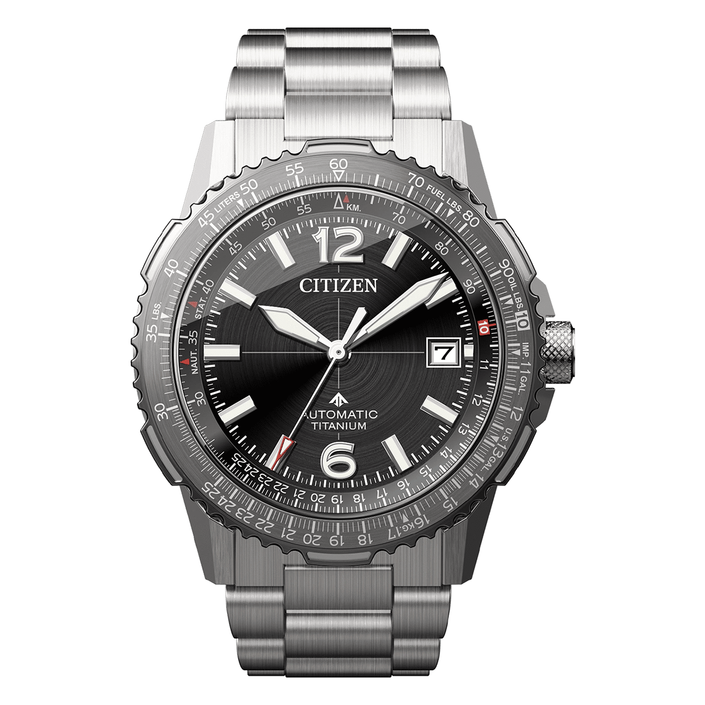 Citizen Herrenarmbanduhr mit schwarzem Zifferblatt, silbernem Metallband und Lünette