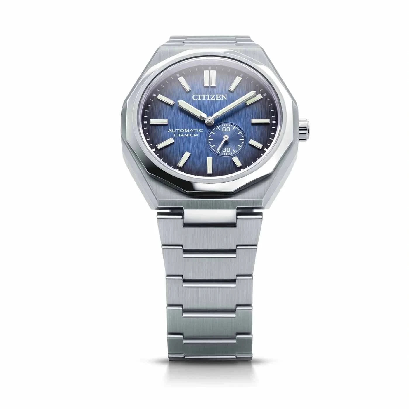Herrklocka 3/4-vy: blå urtavla med automatisk text, silverfärgat metallarmband