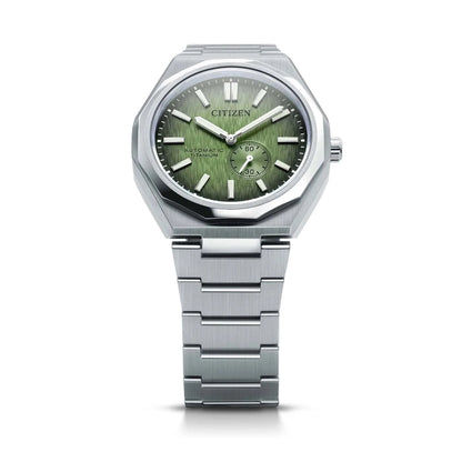 Herrklocka med grön urtavla, automatisk, armband i silverfärgad titan