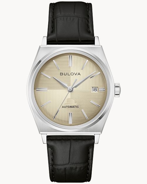 Bulova Herrenuhr mit beigem Zifferblatt, schwarzem Lederarmband, silbernem Gehäuse und Datumsanzeige