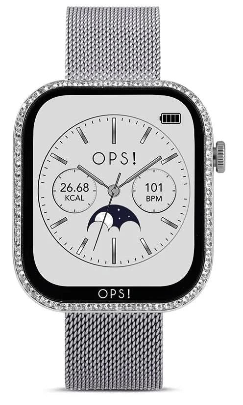 Smartklocka med fyrkantig urtavla, svart ram och armband i silverfärgat mesh