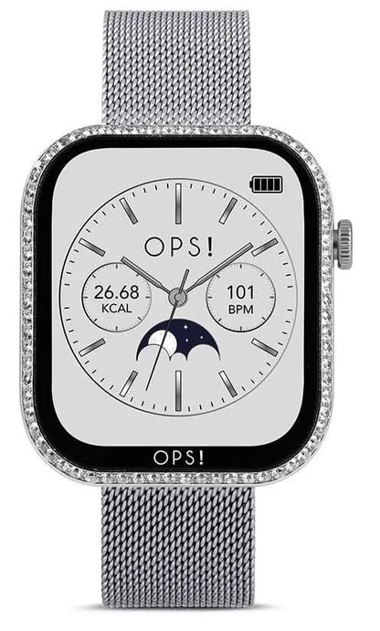 Smartklocka med fyrkantig urtavla, svart ram och armband i silverfärgat mesh