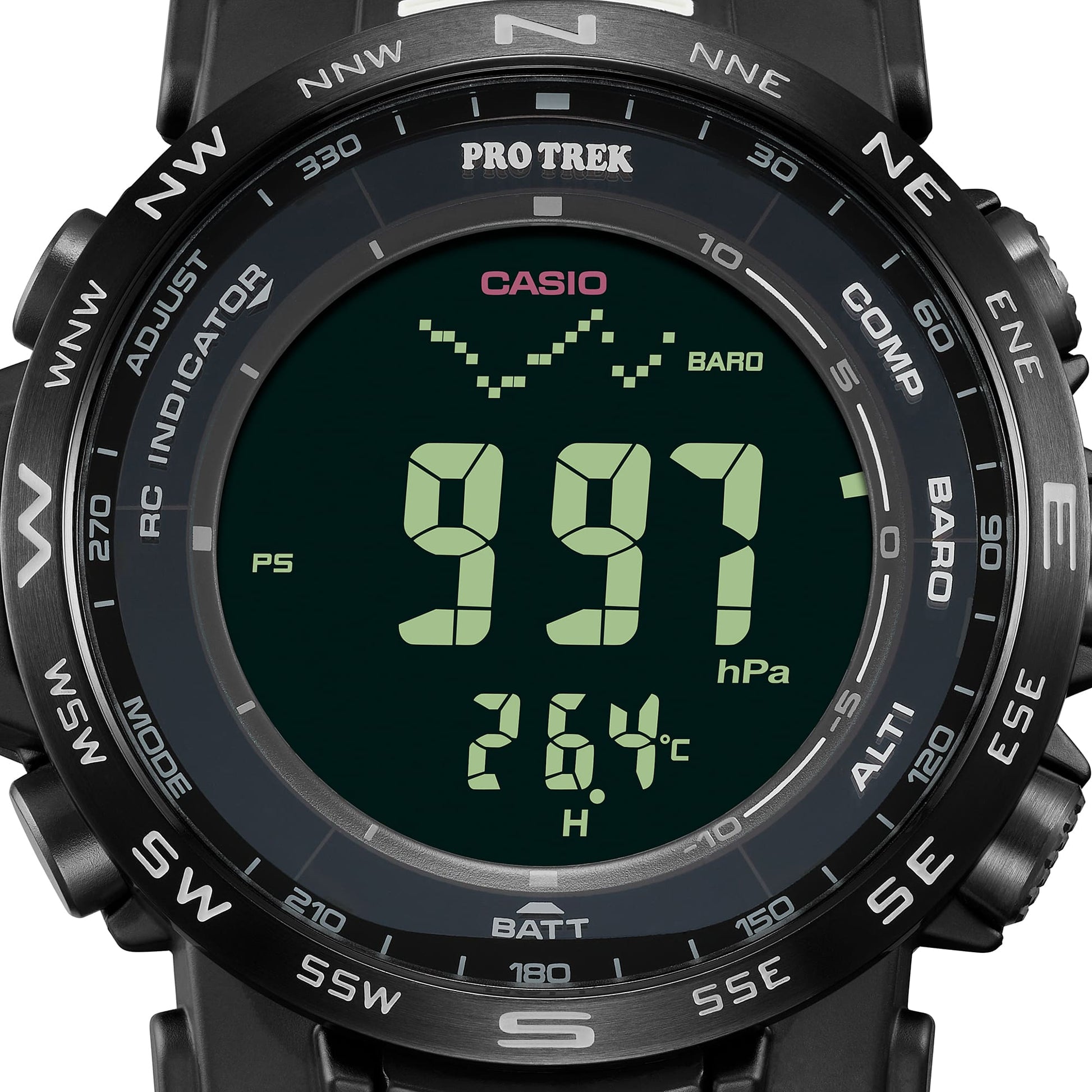 Casio PRO TREK Herrenuhr Frontansicht mit grünem Digitaldisplay und hPa-Anzeige