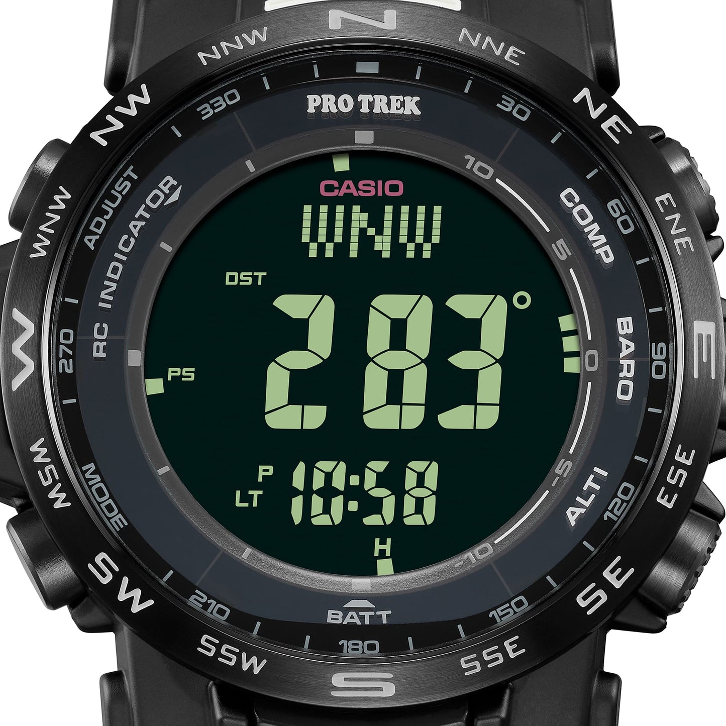 Casio PRO TREK Herrenuhr Frontansicht mit grünem Digitaldisplay und Uhrenringen