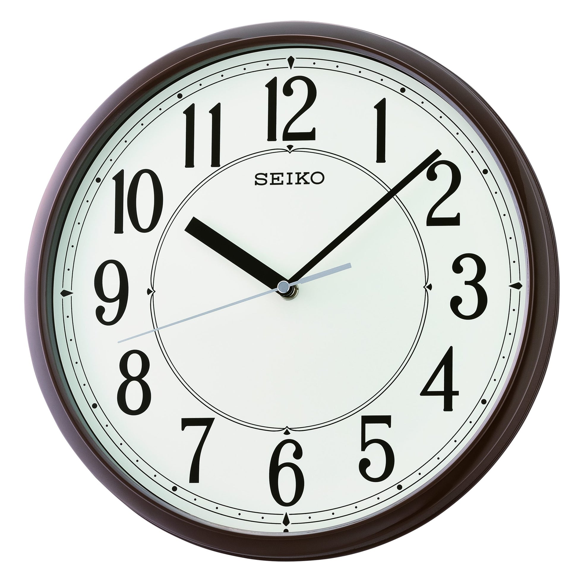 Seiko Wanduhr: runder Kunststoffrahmen, weißes Zifferblatt mit schwarzen Ziffern und Zeigern