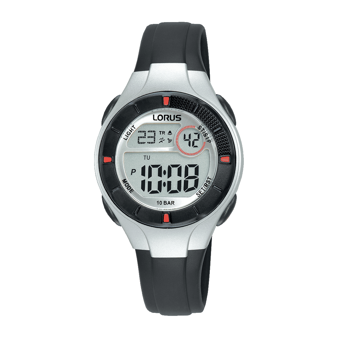 Lorus Kinder-Armbanduhr: schwarzes Kunststoffband, rundes Digitaldisplay