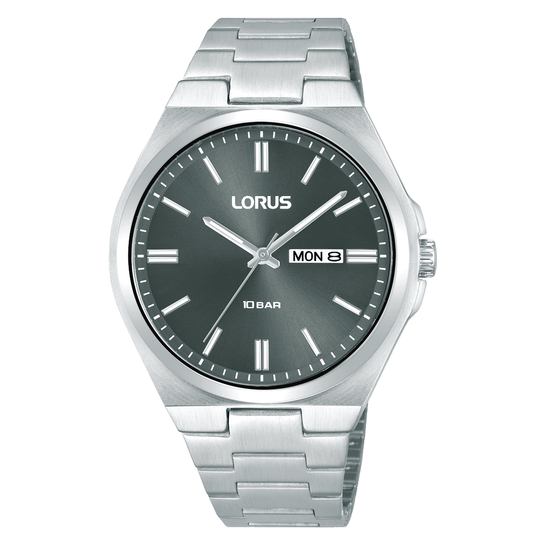 Herrenarmbanduhr von Lorus mit dunkelgrauem Zifferblatt, Edelstahlband und Datumsanzeige