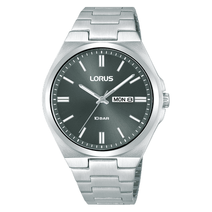 Herrenarmbanduhr von Lorus mit dunkelgrauem Zifferblatt, Edelstahlband und Datumsanzeige