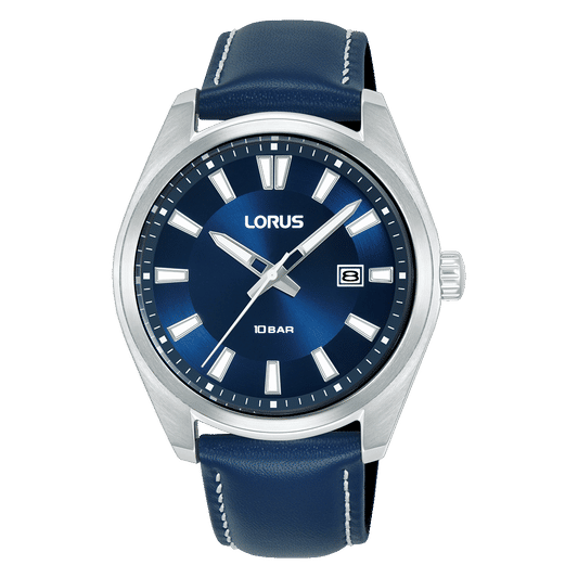 Herren-Armbanduhr LORUS mit blauem Lederband, rundem Zifferblatt und Mineralglas