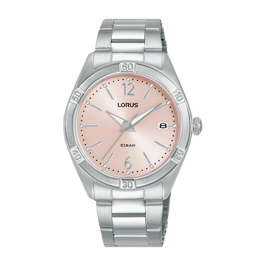 Lorus Damenuhr mit rosa Zifferblatt und Edelstahlarmband, runde Mineralglas-Lünette