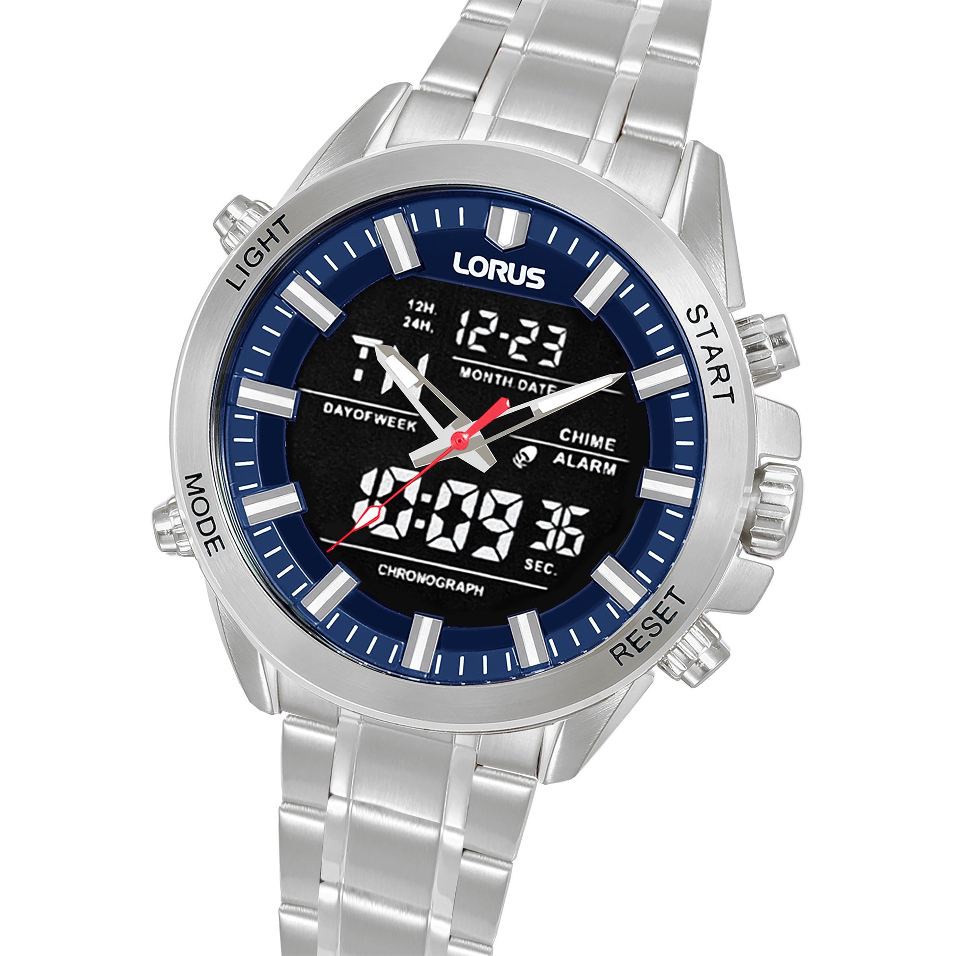 Lorus Herrenarmbanduhr mit blauem Zifferblatt und Stahlarmband, Chronograph-Layout