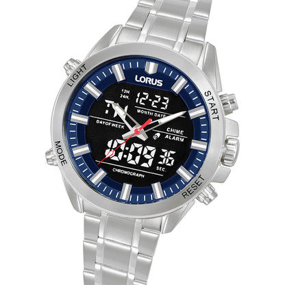 Lorus Herrenarmbanduhr mit blauem Zifferblatt und Stahlarmband, Chronograph-Layout