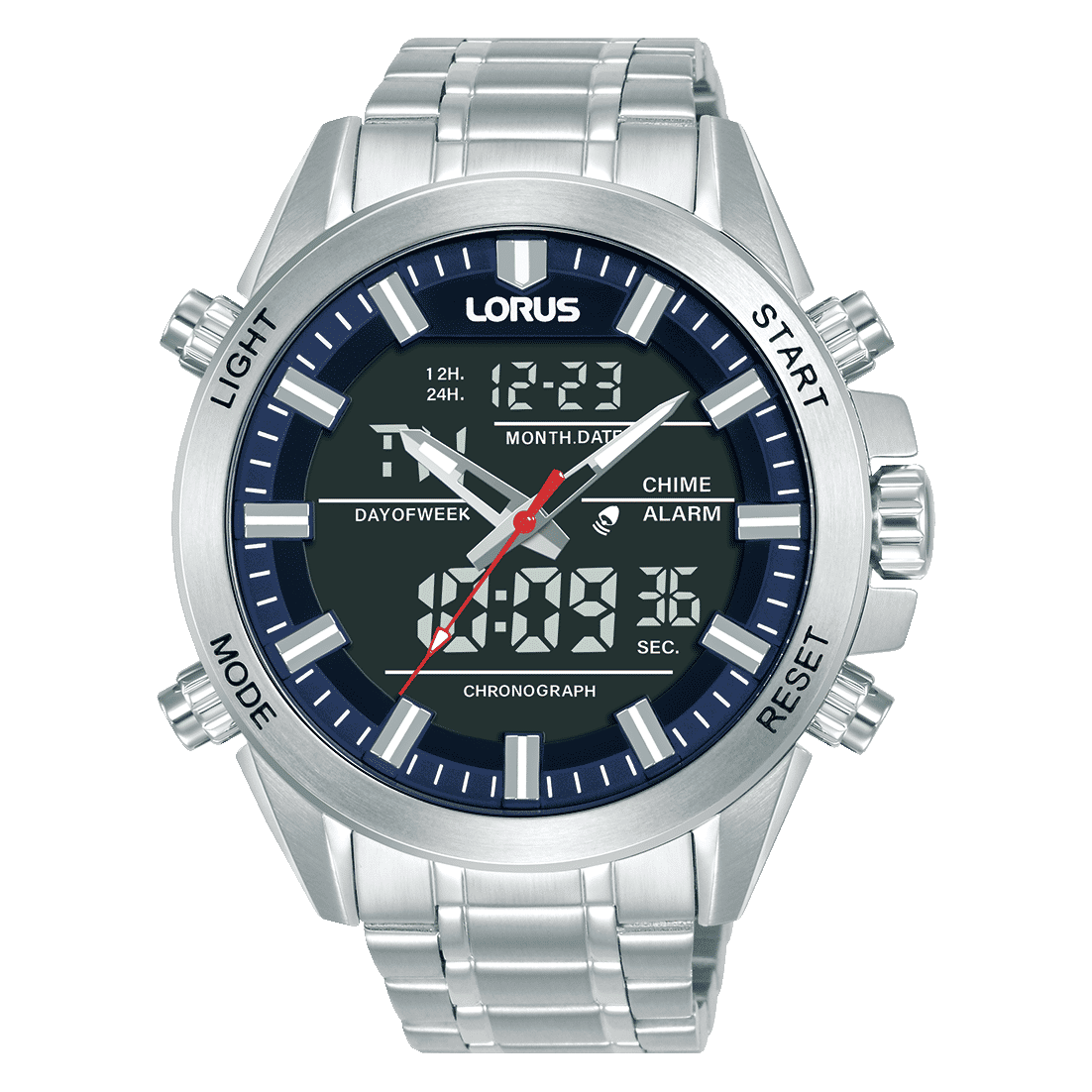 Lorus Herrenarmbanduhr mit blauem Zifferblatt, Stahlband und digitaler Anzeige