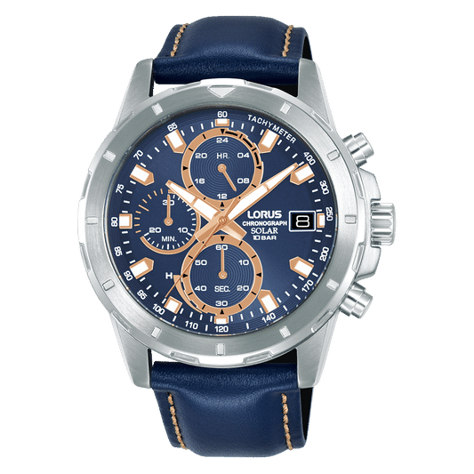 Lorus Sport RZ611AX9 Herren Armbanduhr • Solar-Chronograph • Blaues Lederband