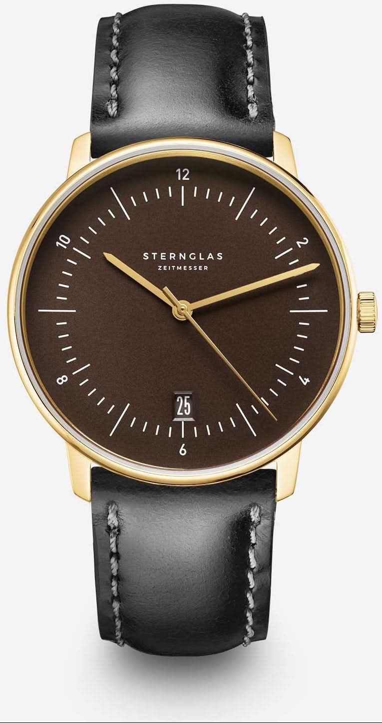 Sternglas herrur med rund mörk urtavla, guldig infattning och svart läderarmband