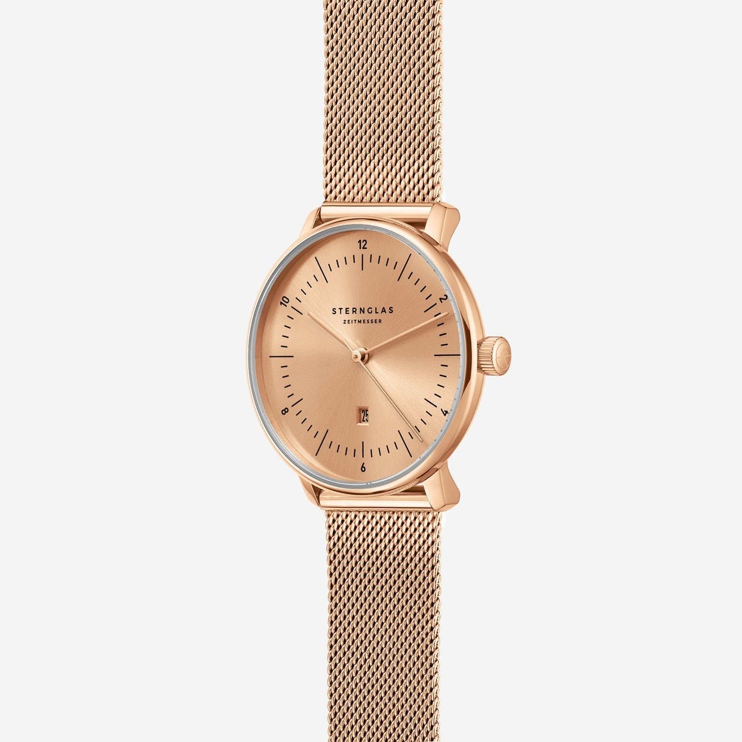 Damklocka, framifrån, med roséguldpläterat hölje, beige urtavla och mesharmband