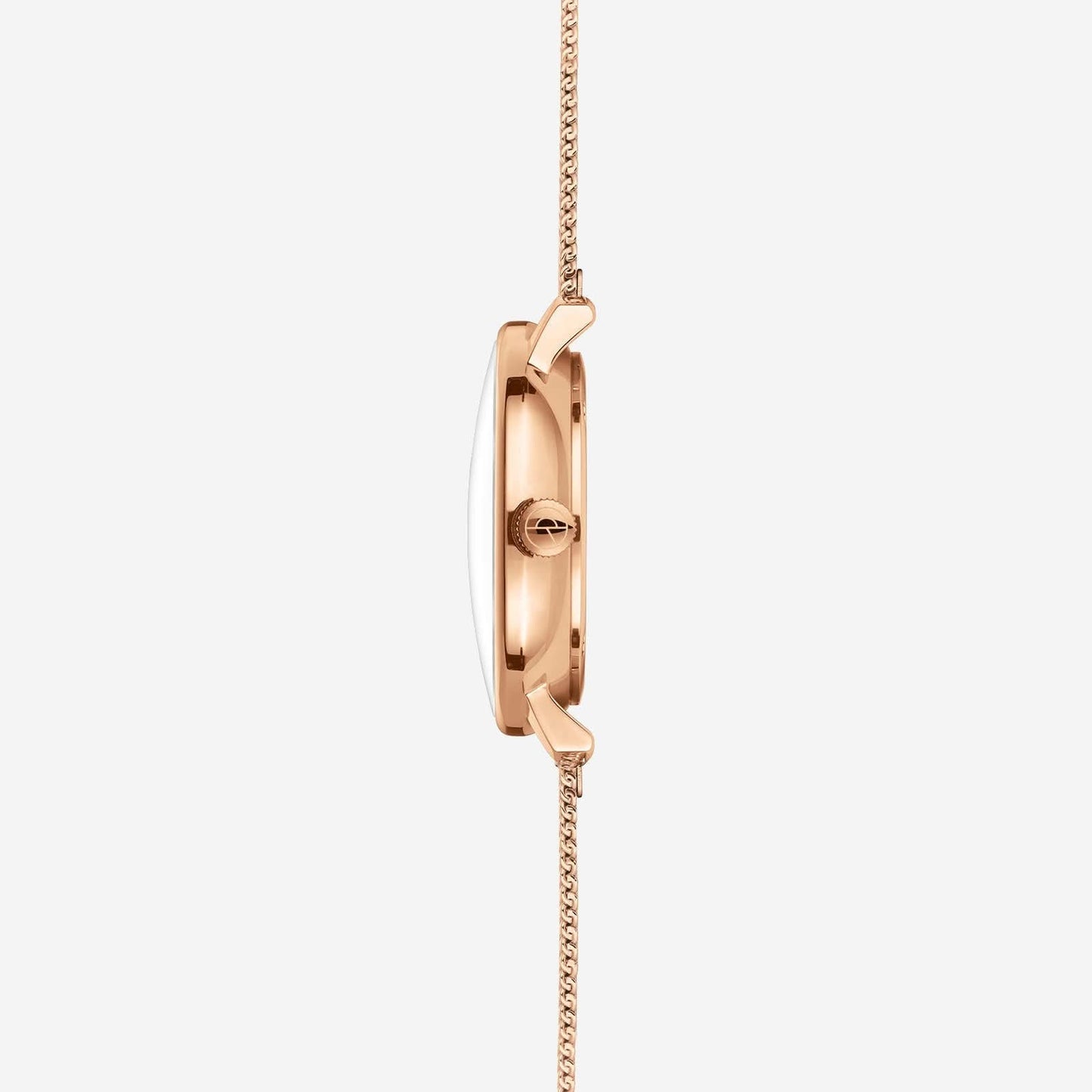"Damklocka, sidovy, med roséguldigt boett och finmaskigt metallarmband"
