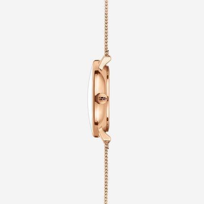 "Damklocka, sidovy, med roséguldigt boett och finmaskigt metallarmband"