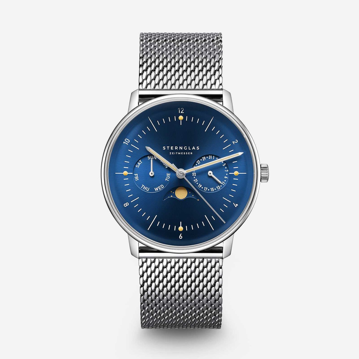 Herrarmbandsur med blå urtavla och silverfärgat mesh-armband, frontvy