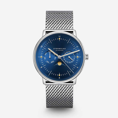 Herrarmbandsur med blå urtavla och silverfärgat mesh-armband, frontvy