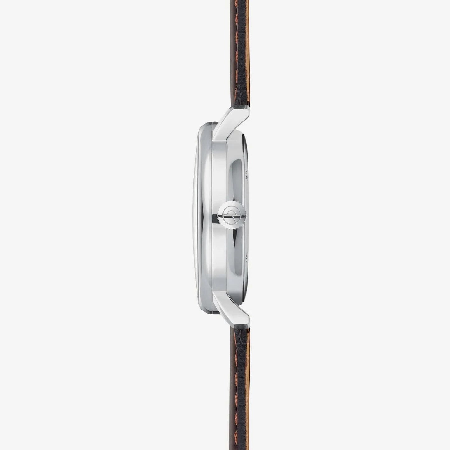 Herrklocka sidovy: rund boett i stål med brunt läderarmband