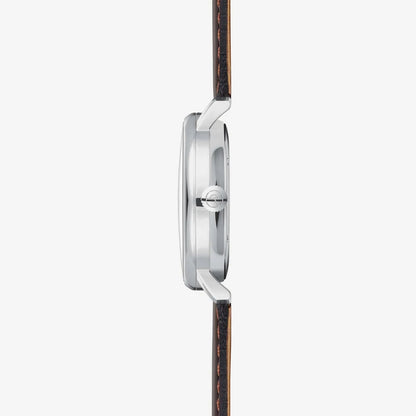 Herrklocka sidovy: rund boett i stål med brunt läderarmband