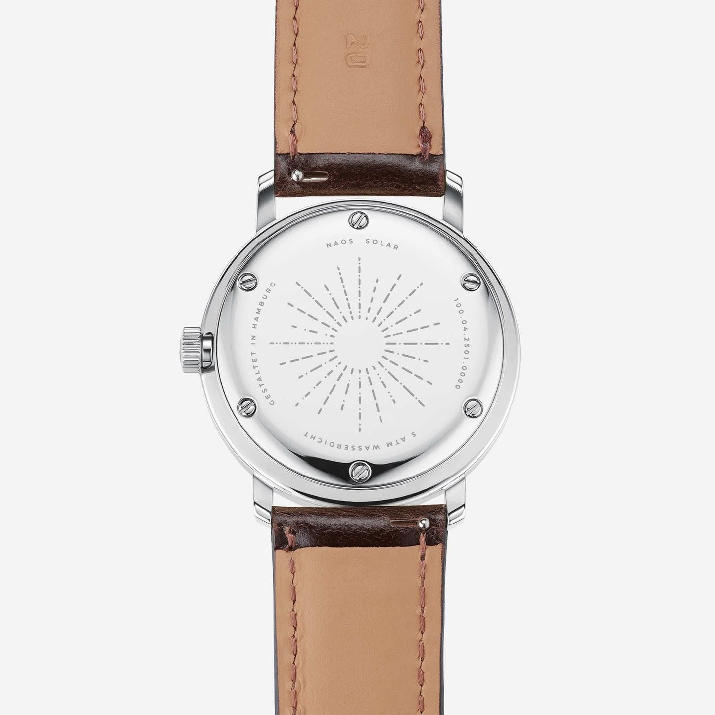 Armbandur med brunt läderarmband och silverfärgad baksida, rund urtavla